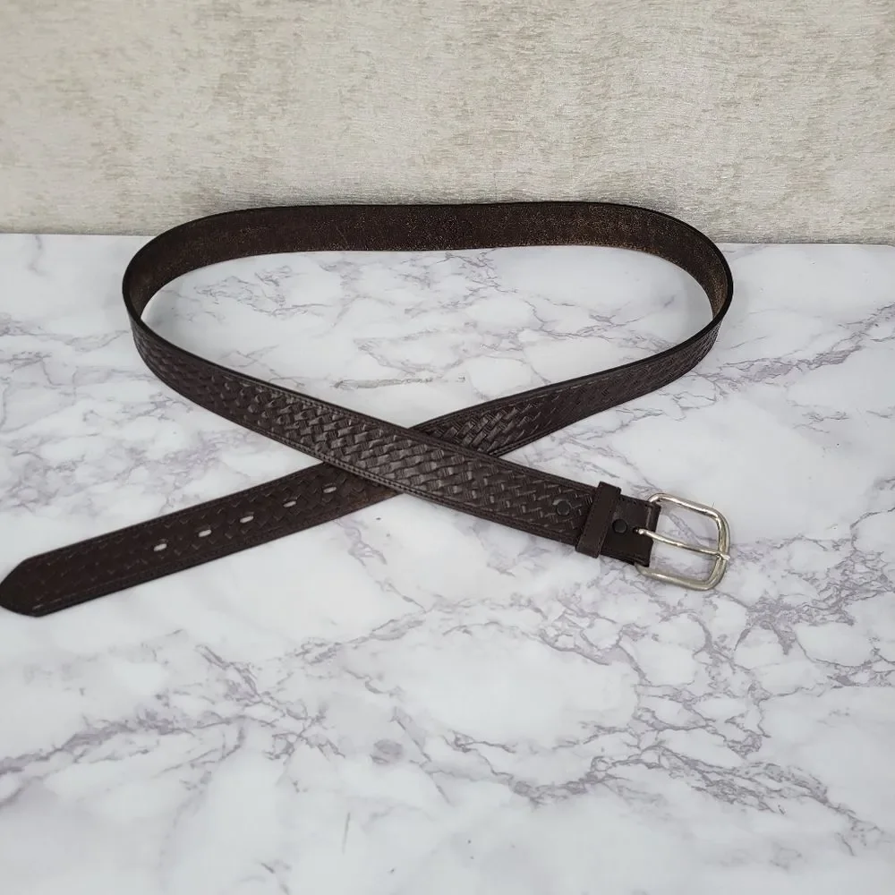 Brown Leather Belt for Men Basket Weave Embossed Design